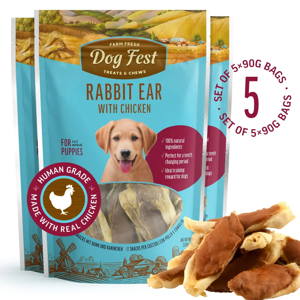 Rabbit Ears With Chicken - Dog Treats For Puppies - Set Of 5x90g