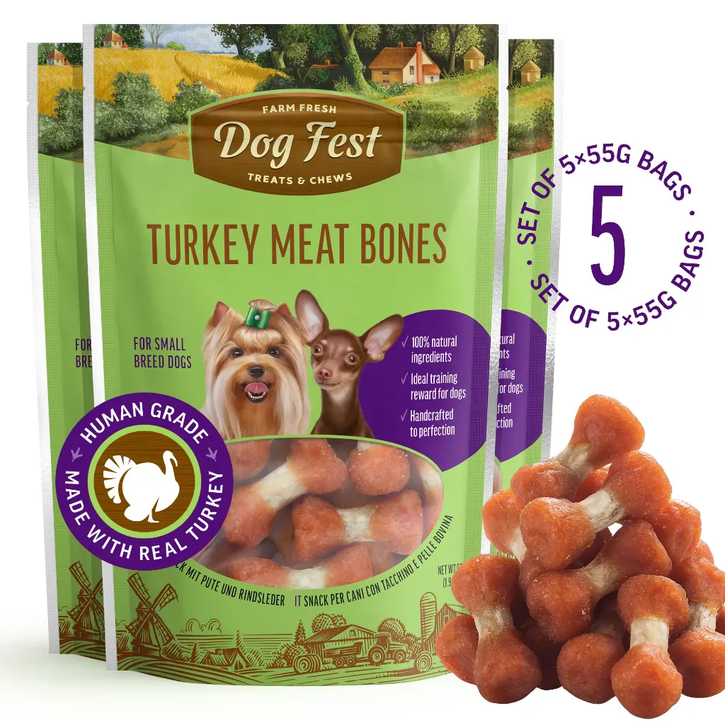 Turkey Meat Bones - Dog Treats For Small Breeds - Set Of 5x55g
