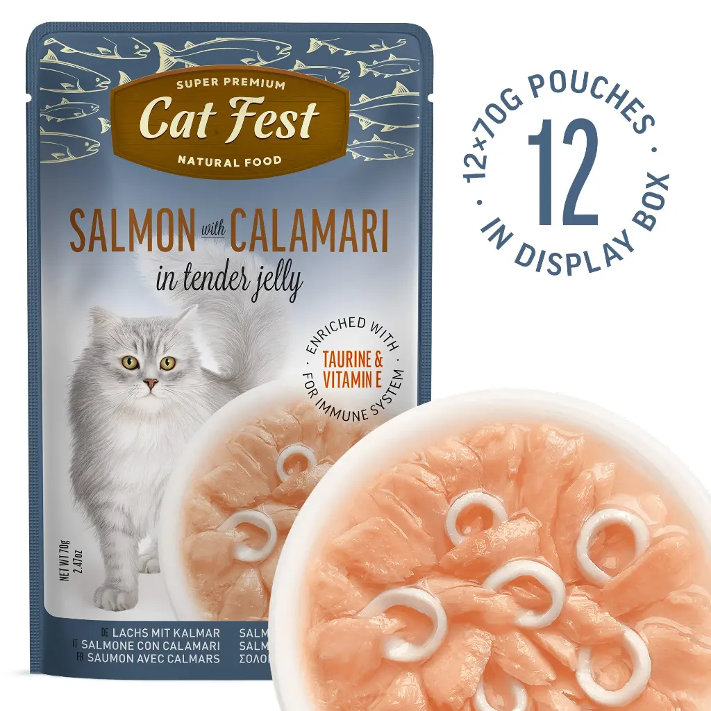 Salmon Wtih Calamari In Tender Jelly - Cat Wet Food - Set Of 12x70g