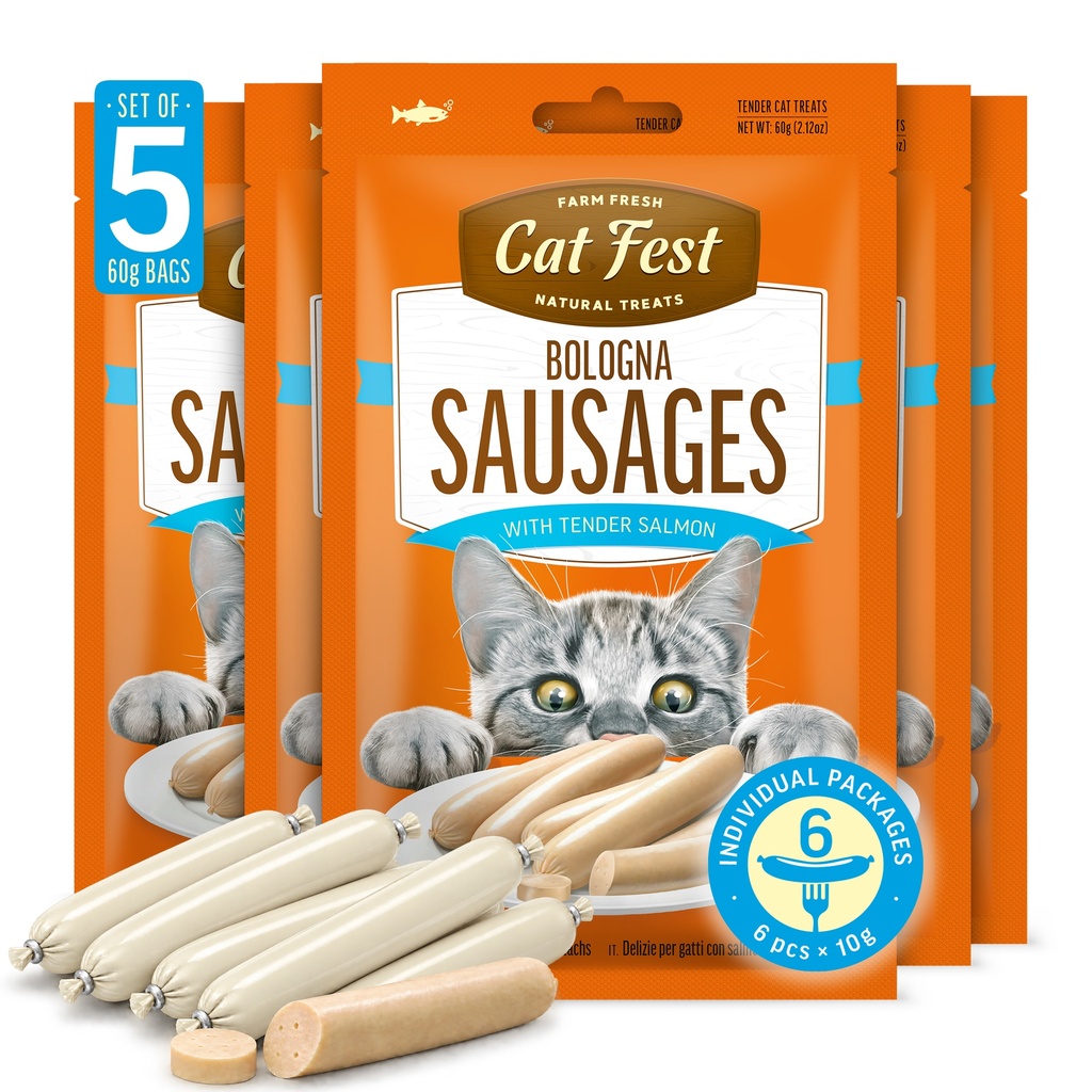 Bologna Sausuges with tender salmon - Cat Treats - Set Of 5x60g