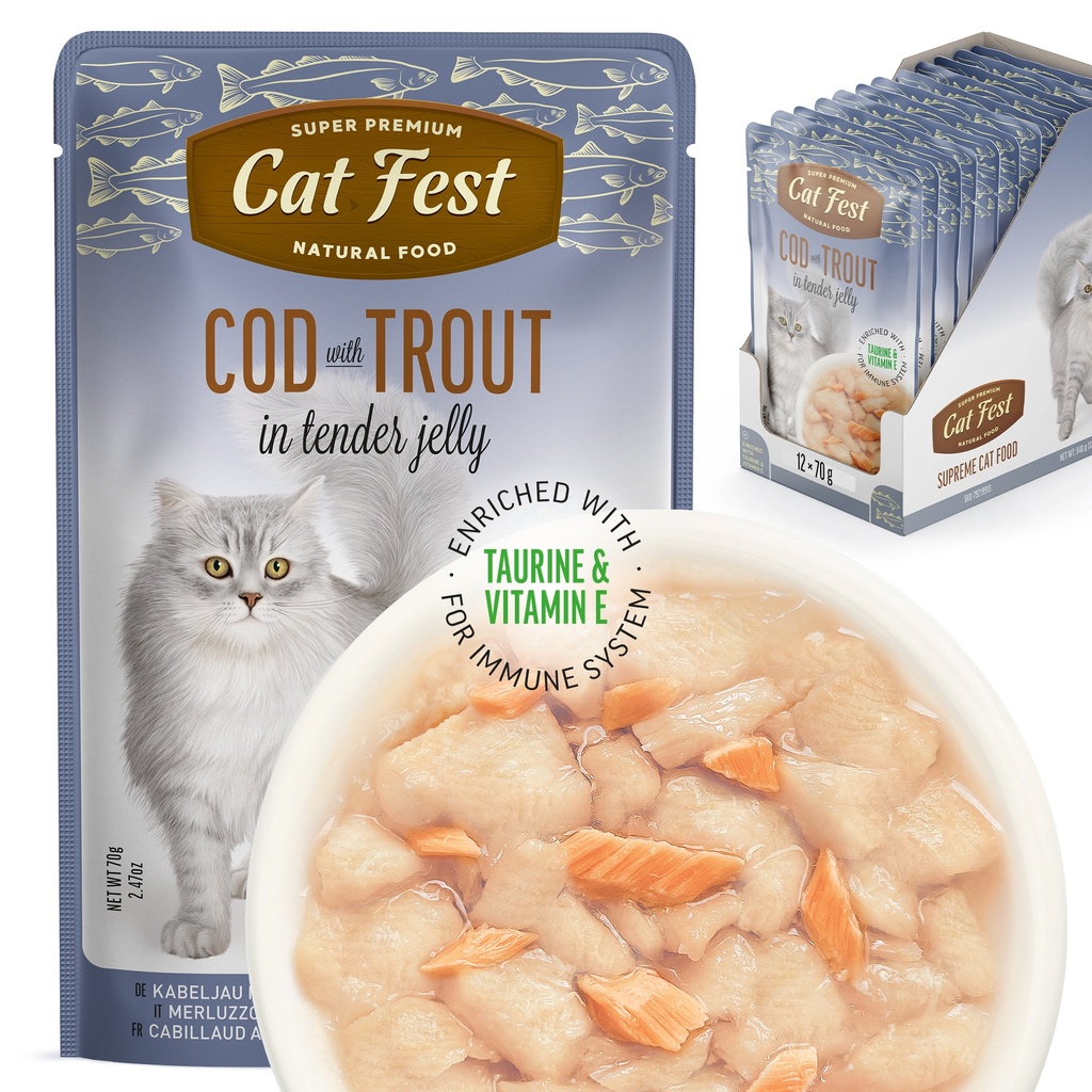 Cod with Trout   In Tender Jelly - Cat Wet Food - Set Of 12x70g
