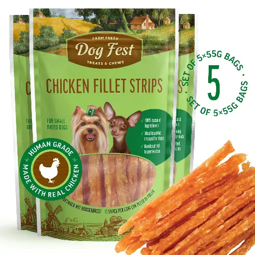 [79711502] Chicken Fillet Strips - Dog Treats For Small Breeds - Set Of 5x55g