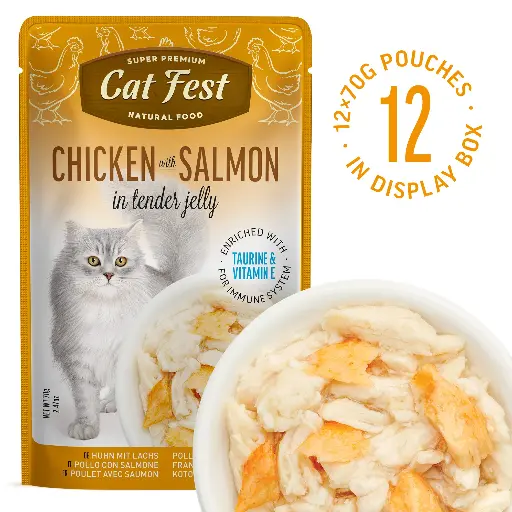 [79218053] Chicken With Salmon In Tender Jelly - Cat Wet Food - Set Of 12x70g