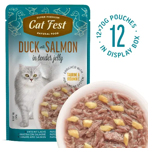 [79218909] Duck With Salmon In Tender Jelly - Cat Wet Food - Set Of 12x70g