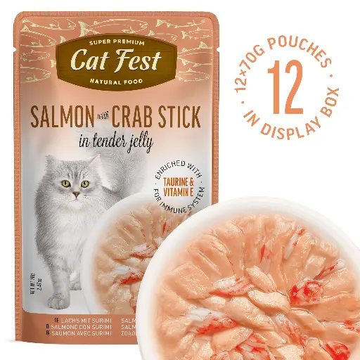 [79218923] Salmon Wtih Crab Stick In Tender Jelly - Cat Wet Food - Set Of 12x70g