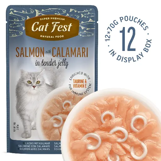 [79218930] Salmon Wtih Calamari In Tender Jelly - Cat Wet Food - Set Of 12x70g