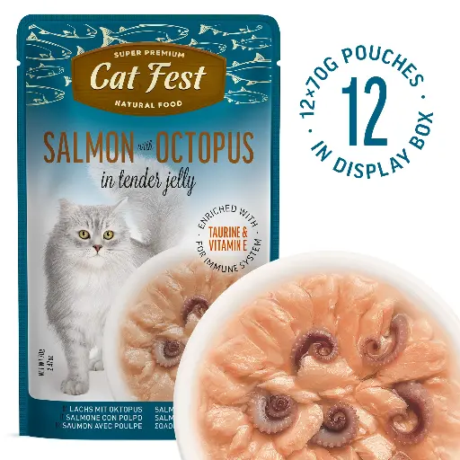 [79218947] Salmon Wtih Octopus In Tender Jelly - Cat Wet Food - Set Of 12x70g