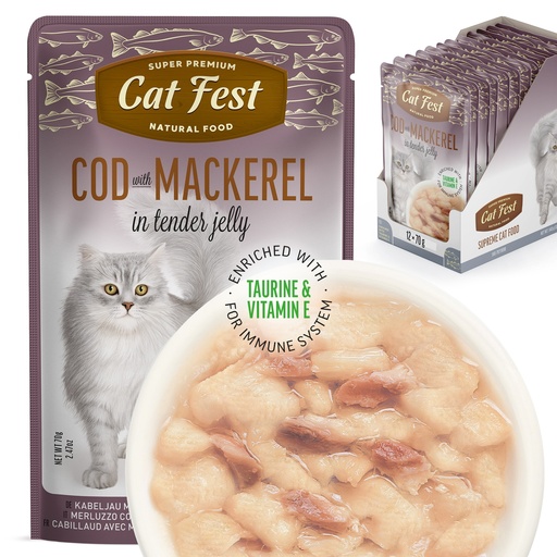 [79219890] Cod with Mackerel  In Tender Jelly - Cat Wet Food - Set Of 12x70g