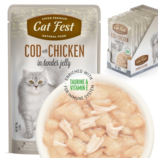 [79219906] Cod with Chicken   In Tender Jelly - Cat Wet Food - Set Of 12x70g